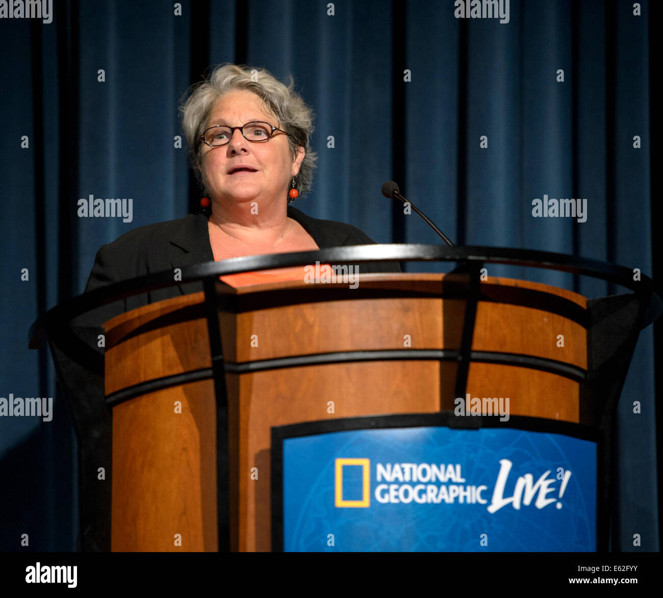 Susan Hitchcock, science editor for National Geographic books, responsible for science, nature, and health, kicks off a “Mars Up Close” panel discussion of Mars experts involved in current Mars exploration, Tuesday, August 5, 2014, at the National Geograp Stock Photo