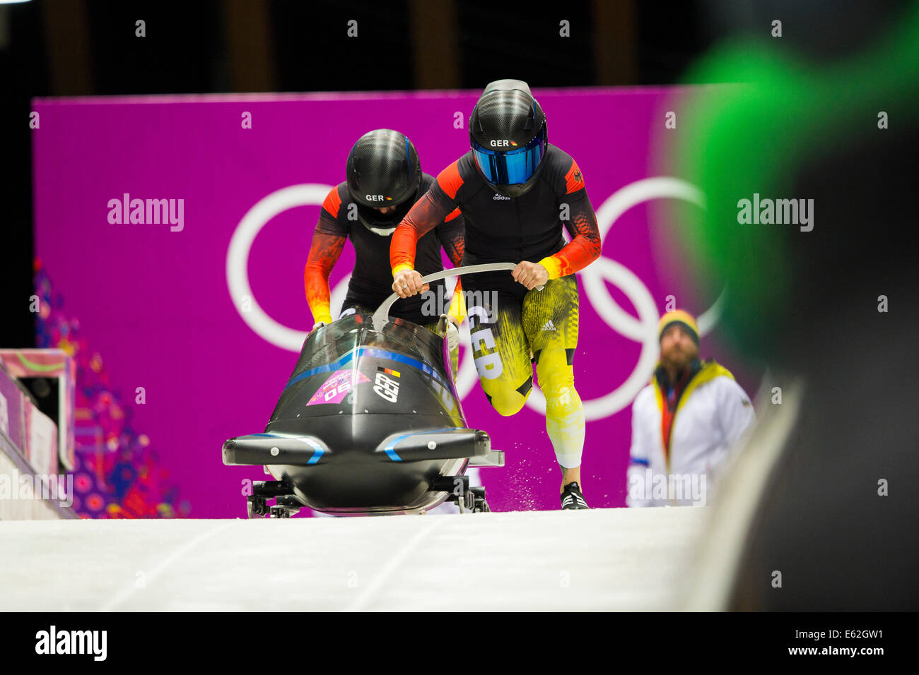 Anja Schneiderheinze and Stephanie Schneider GER-3 competing in the Women's Bobsleigh at the Olympic Winter Games, Sochi 2014 Stock Photo