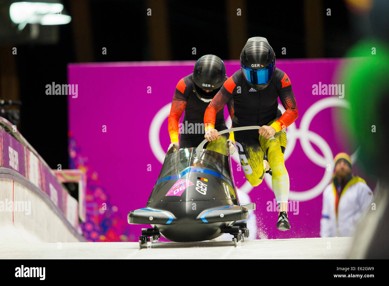 Anja Schneiderheinze and Stephanie Schneider GER-3 competing in the Women's Bobsleigh at the Olympic Winter Games, Sochi 2014 Stock Photo