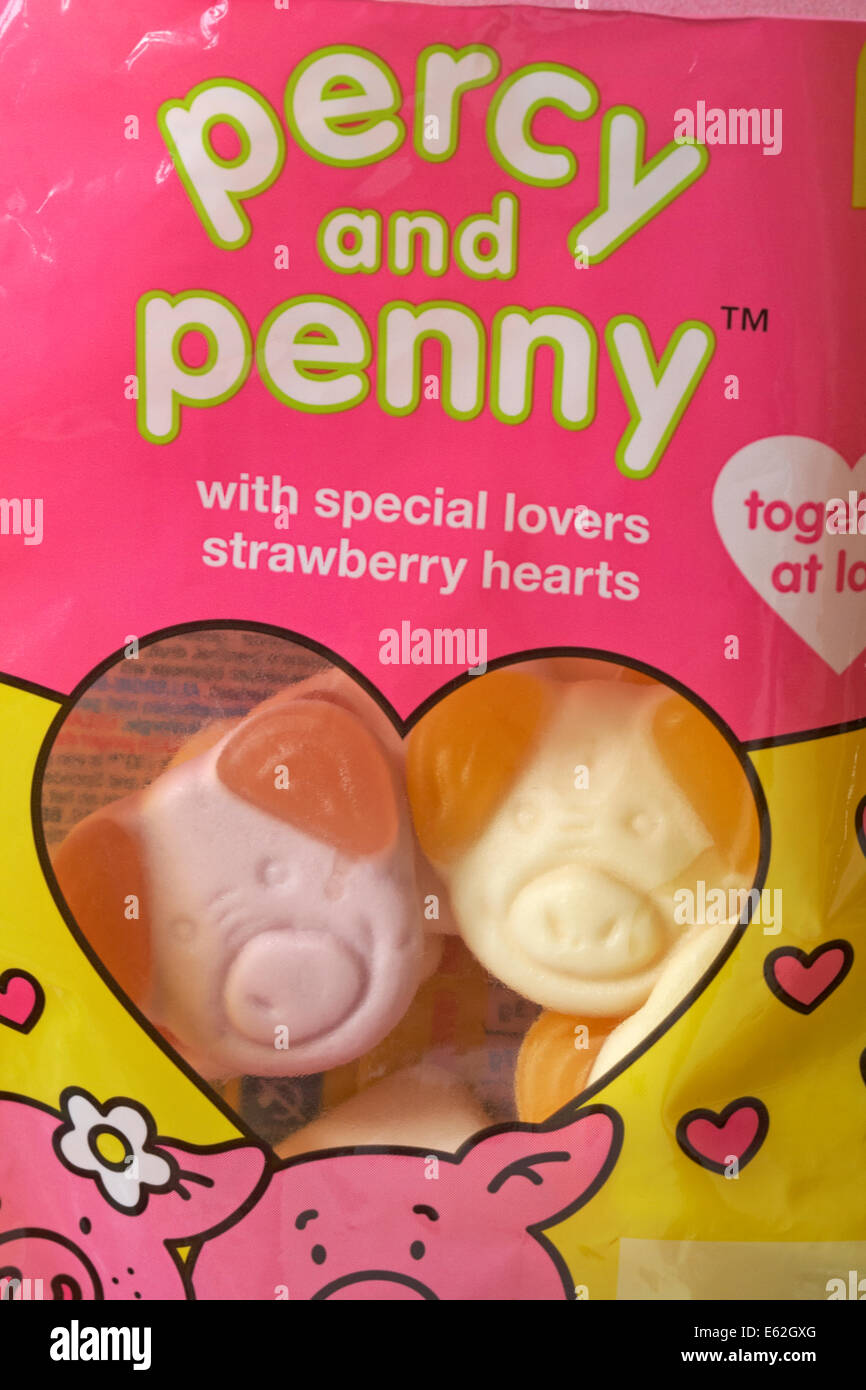 Bag of Marks & Spencer new percy and penny with special lovers strawberry hearts sweets together at last Stock Photo