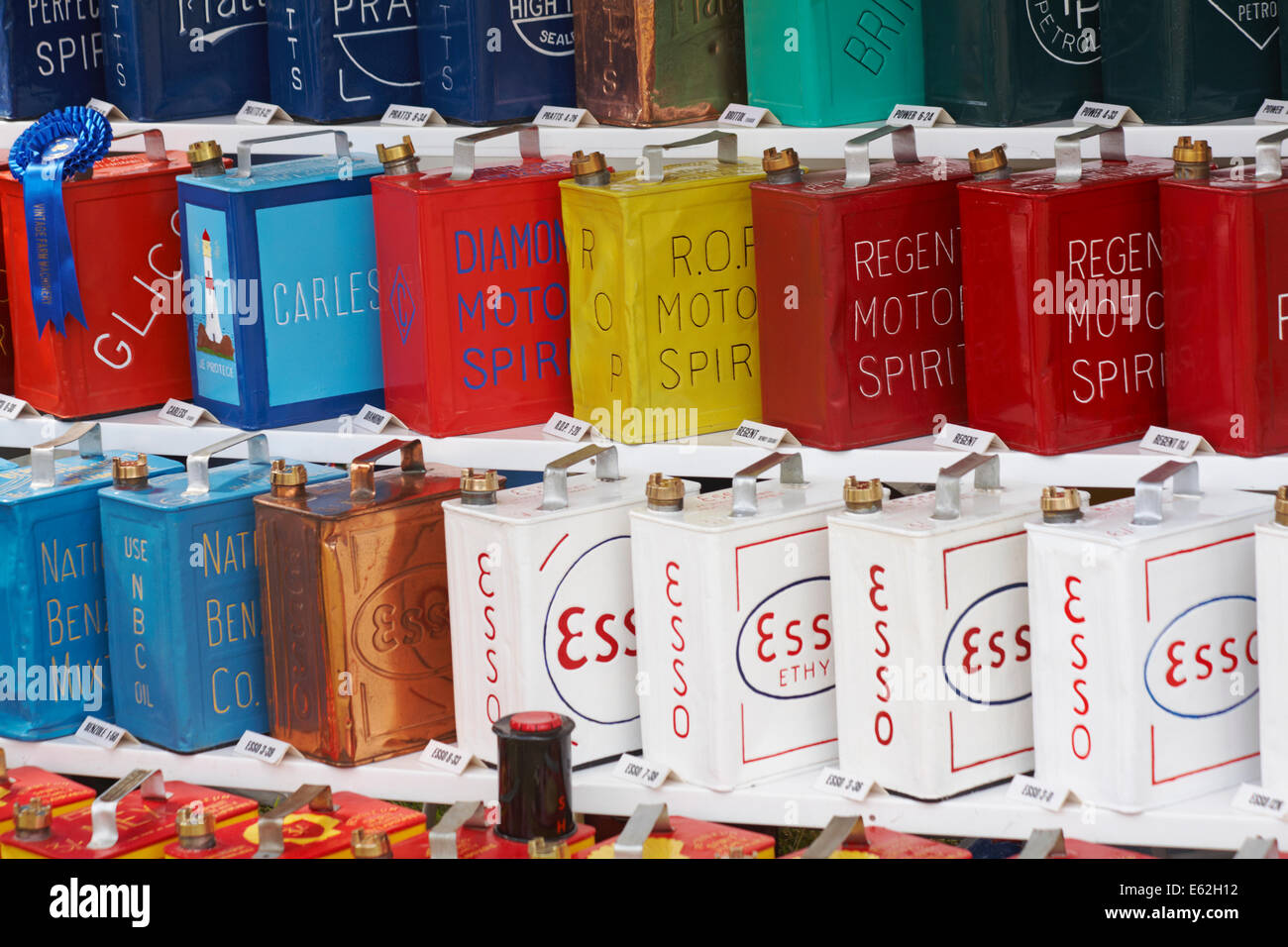 Fuel cans at the Ellingham & Ringwood Agricultural Society Annual Show at Somerley Park, Ellingham, Ringwood, Hampshire, UK Stock Photo