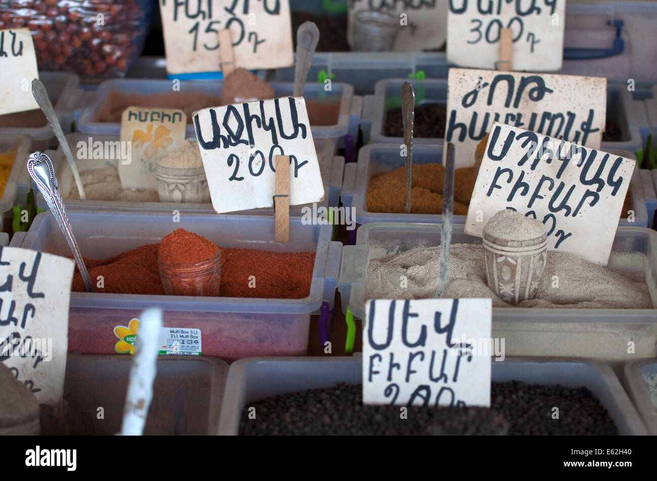 Prices of spices on a market stall, Yerevan, Armenia Stock Photo Alamy