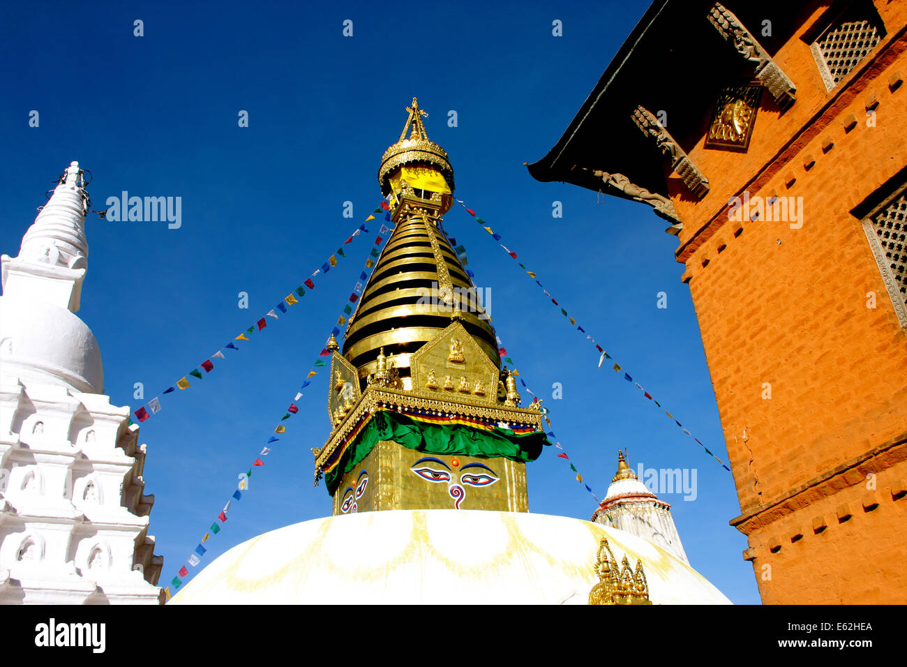 The white dome of Swayambhunath in Kathmandu, Nepal Stock Photo