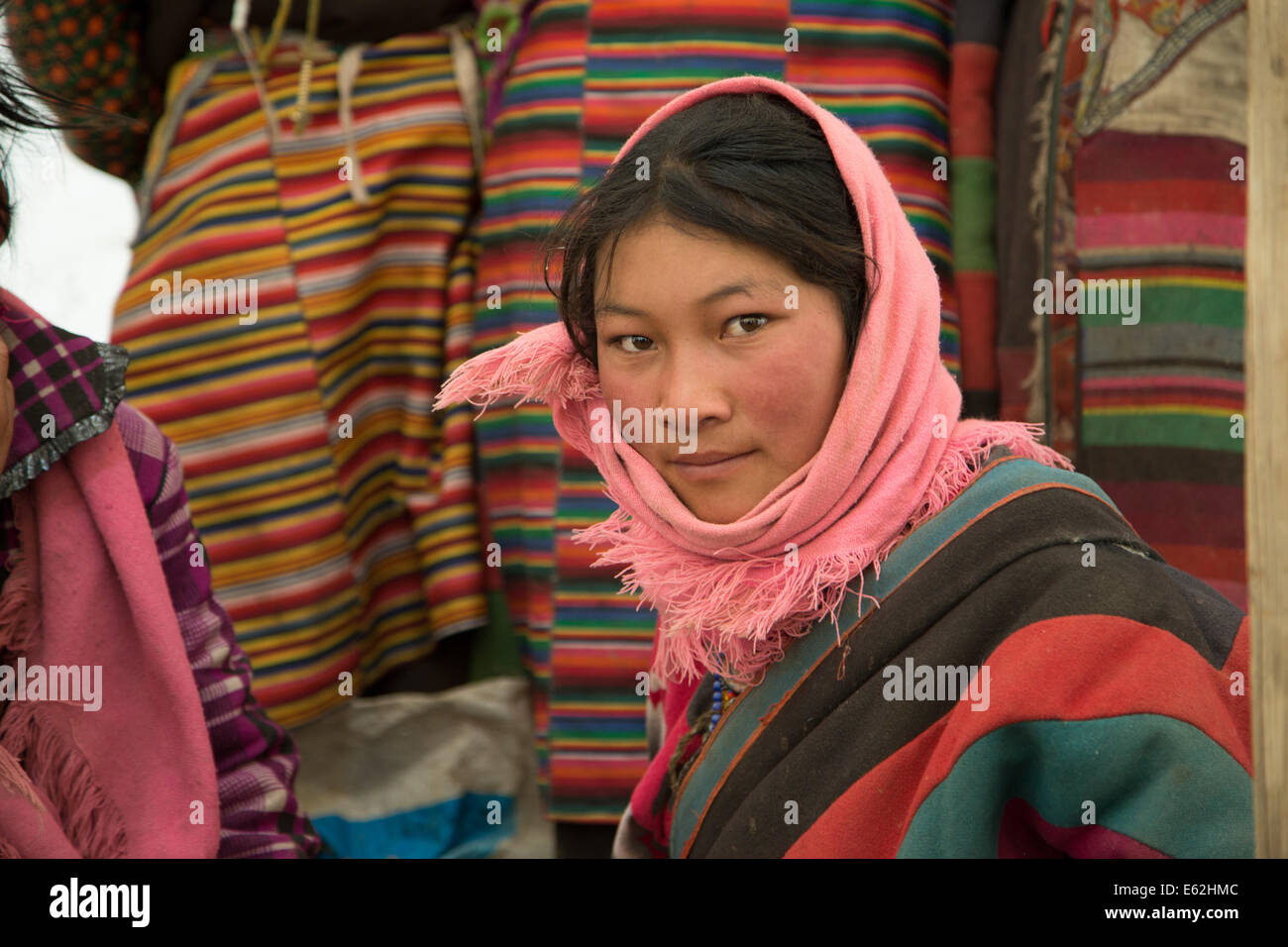 A Nomad Girl near Lake Manasarovar in Central Tibet Stock Photo
