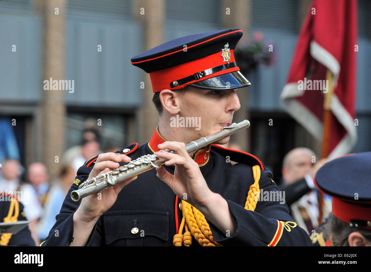 A member of a loyalist flute band plays at the annual Apprentice Boys of Derry parade in Londonderry, Stock Photo
