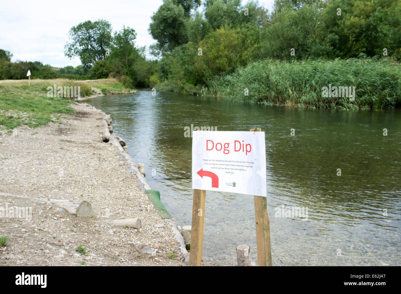 Sign denoting the point at which a dog may enter a river in a designated SSSI nature reserve area Stock Photo