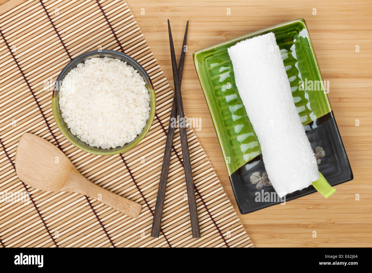 Japanese food ingredients and utensils on bamboo table Stock Photo