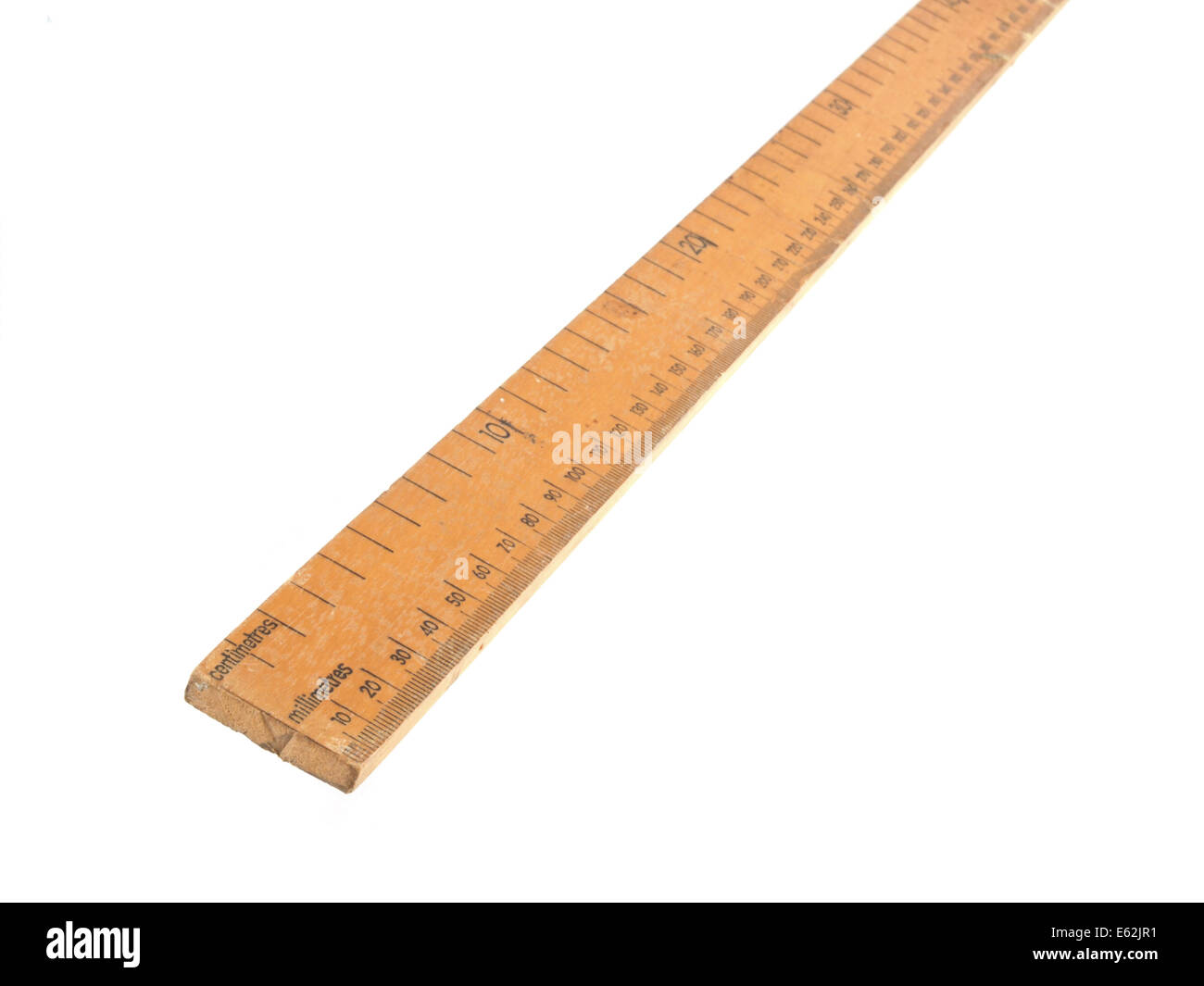 Close up photo of a wooden metric ruler on a white background Stock Photo