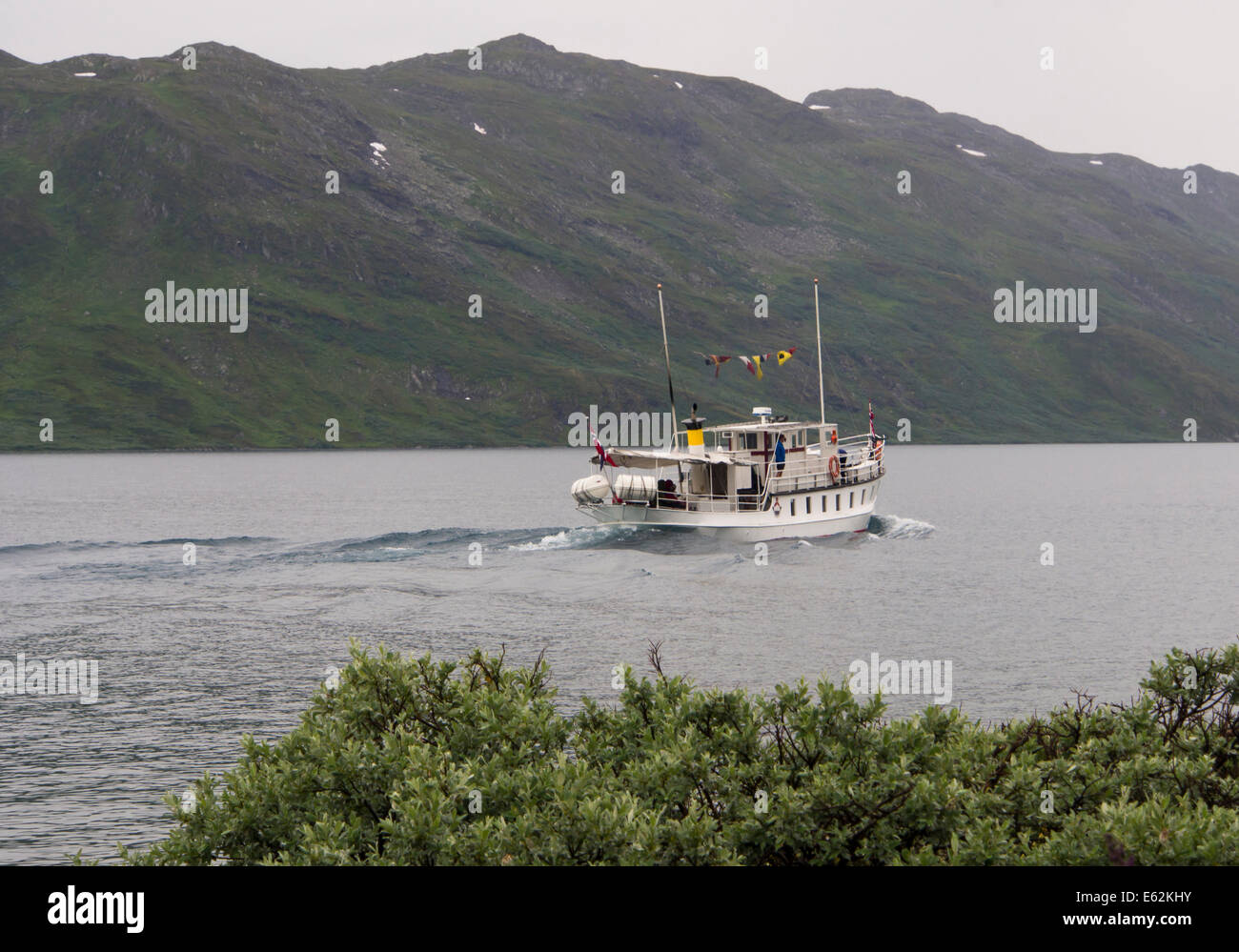 The passenger boat Bitihorn ferrying hikers on lake Bygdin in the Jotunheimen mountains Norway since 1912 Stock Photo