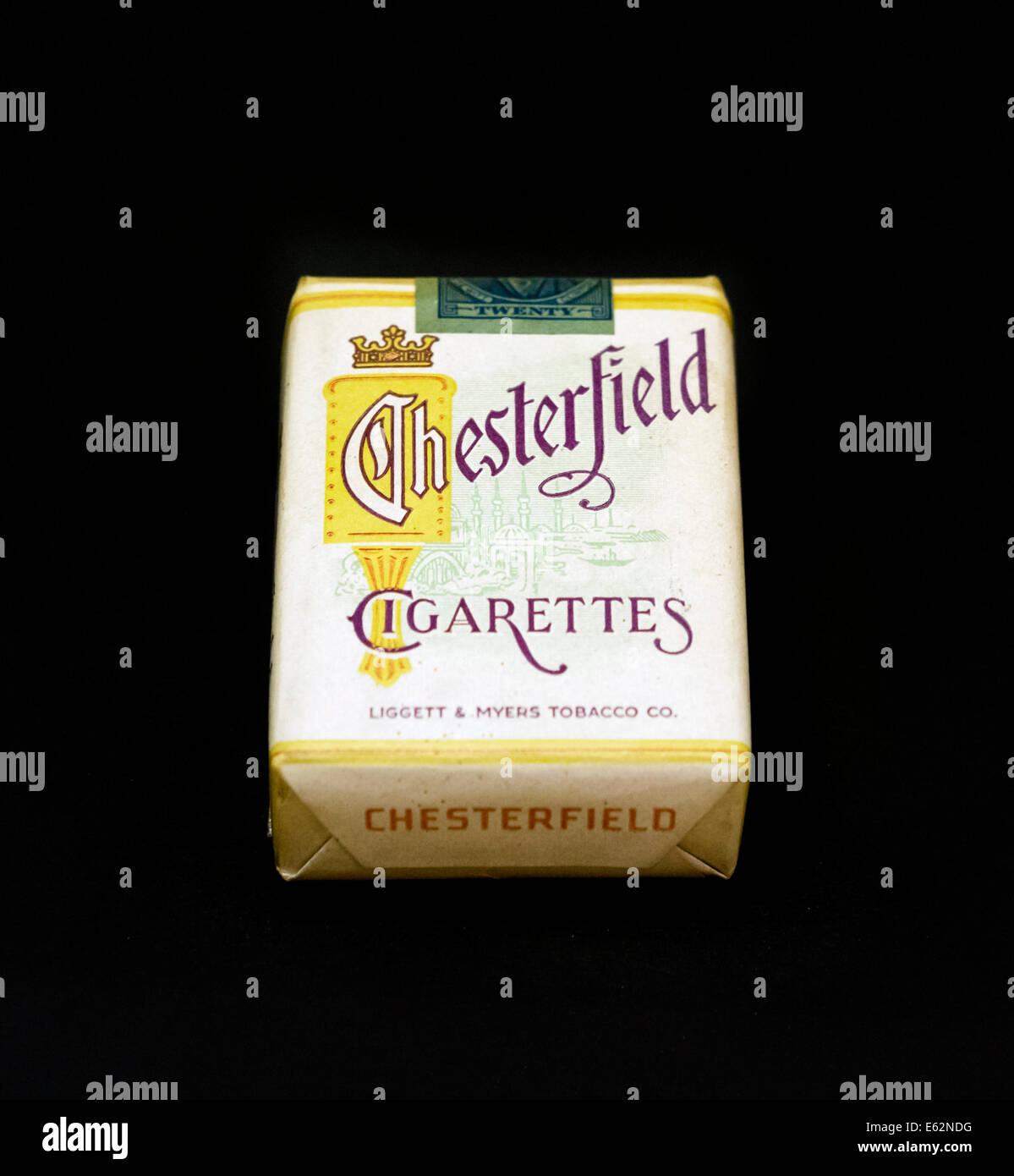 Pack of Chesterfield cigarettes at the Duke Homestead and Tobacco Museum, Durham, North Carolina, USA Stock Photo