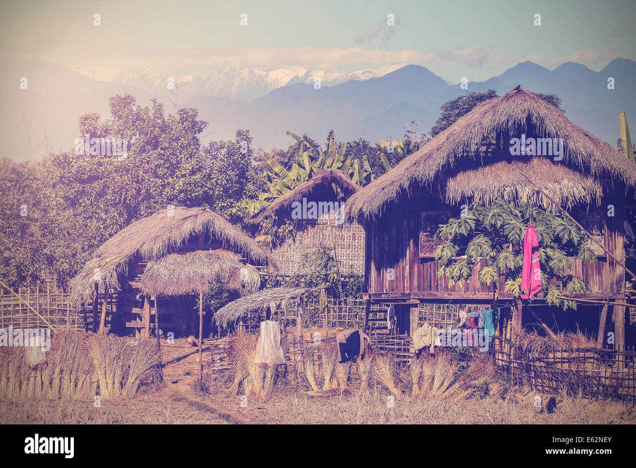 Vintage picture of Putao, remote village in Myanmar. Stock Photo
