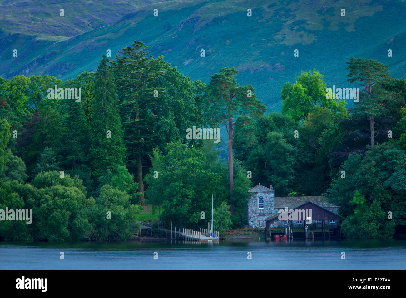 Evening overlooking boathouse on Derwentwater, the Lake District, Cumbria, England Stock Photo