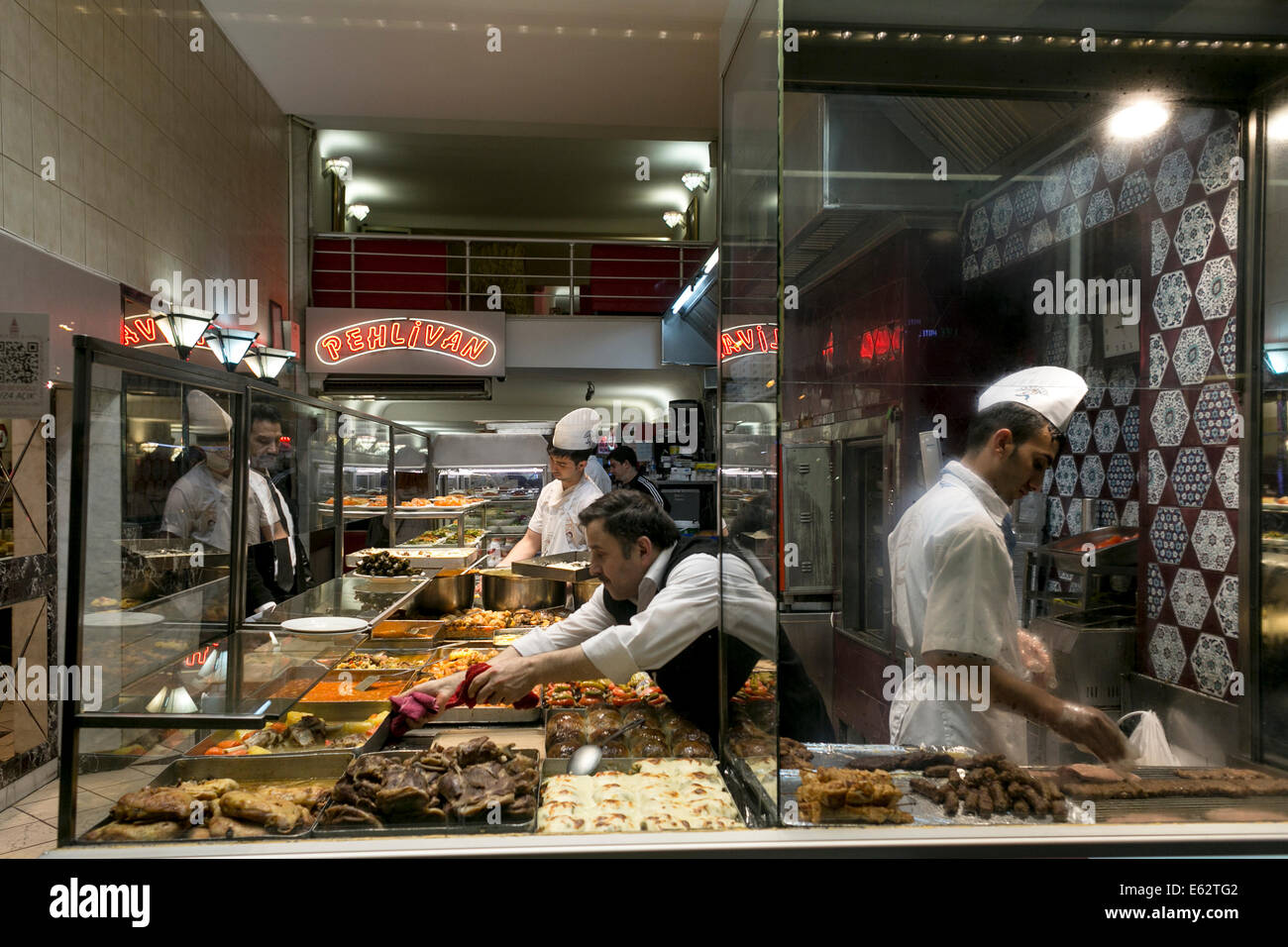Turkish restaurant (lokanta) with traditional cooked food at Istiklal street in Istanbul, Turkey on March 2014. Stock Photo