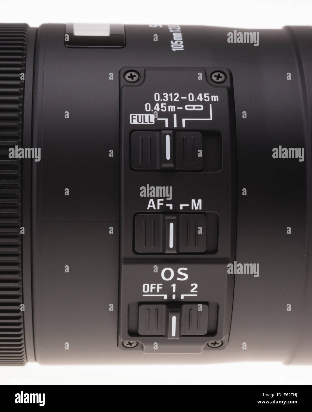 DSLR camera zoom lens design. Switches on a Sigma 105mm macro lens control image stabilisation