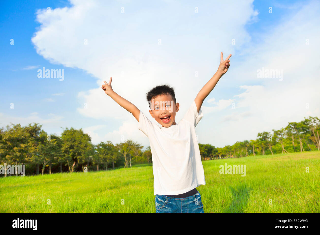 happy children standing on meadow and raise hands Stock Photo