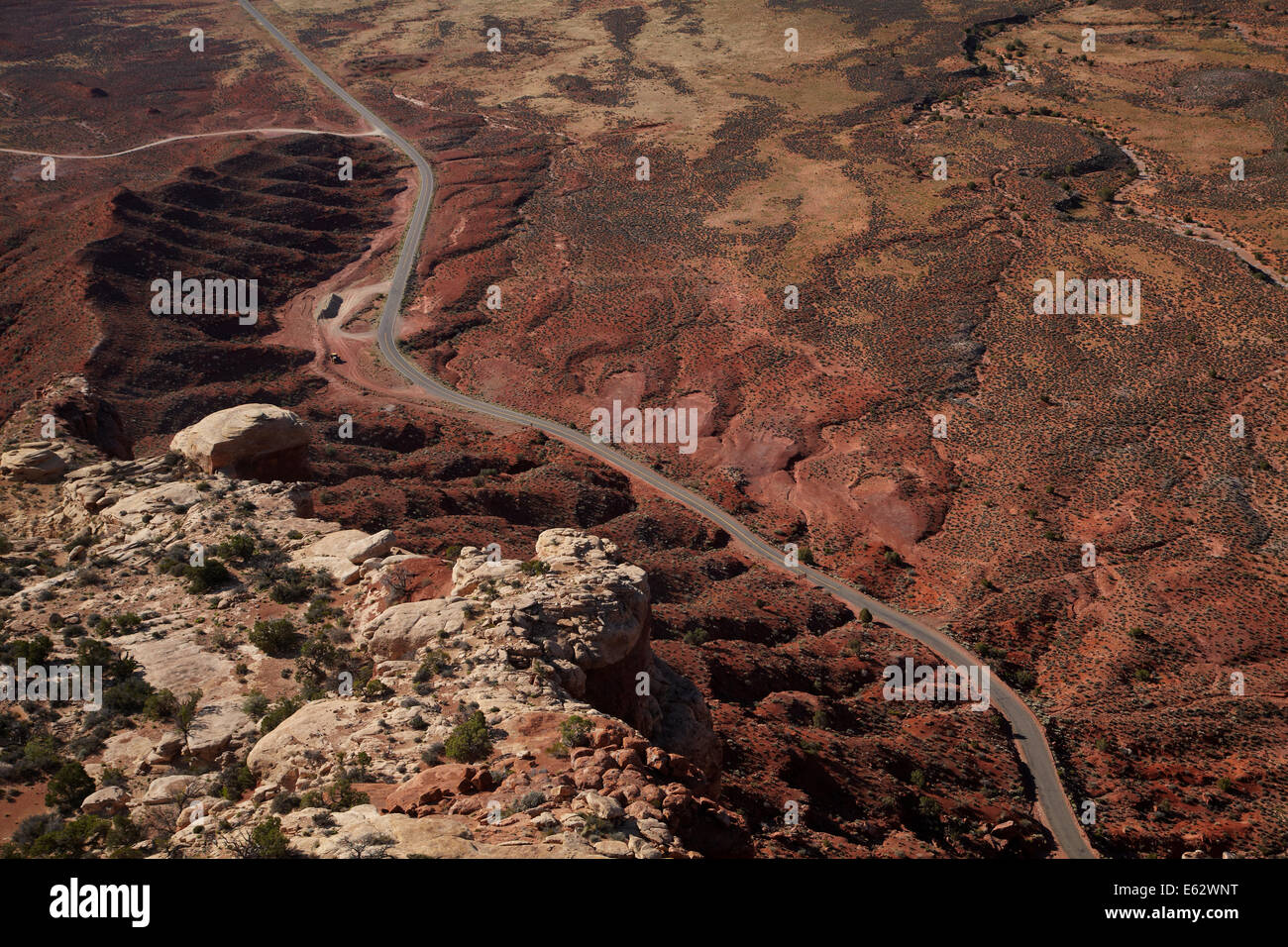 View from Moki Dugway (or Mokee Dugway) switchback road, climbing Cedar Mesa, near Mexican Hat, San Juan County, Utah, USA Stock Photo