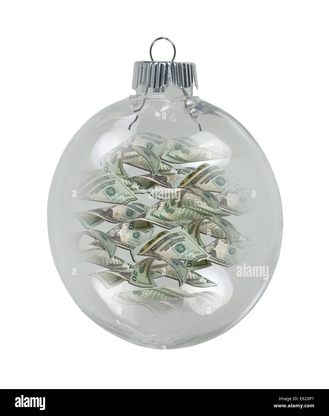 Round Christmas Ornament filled with money for the winter season - path included Stock Photo