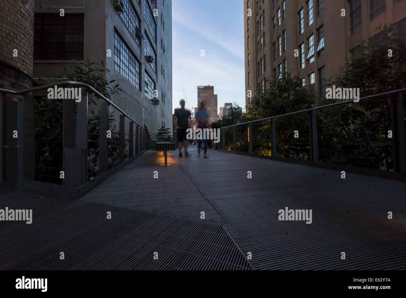 Dusk at the High Line in New York, an abandoned elevated railway turned ...