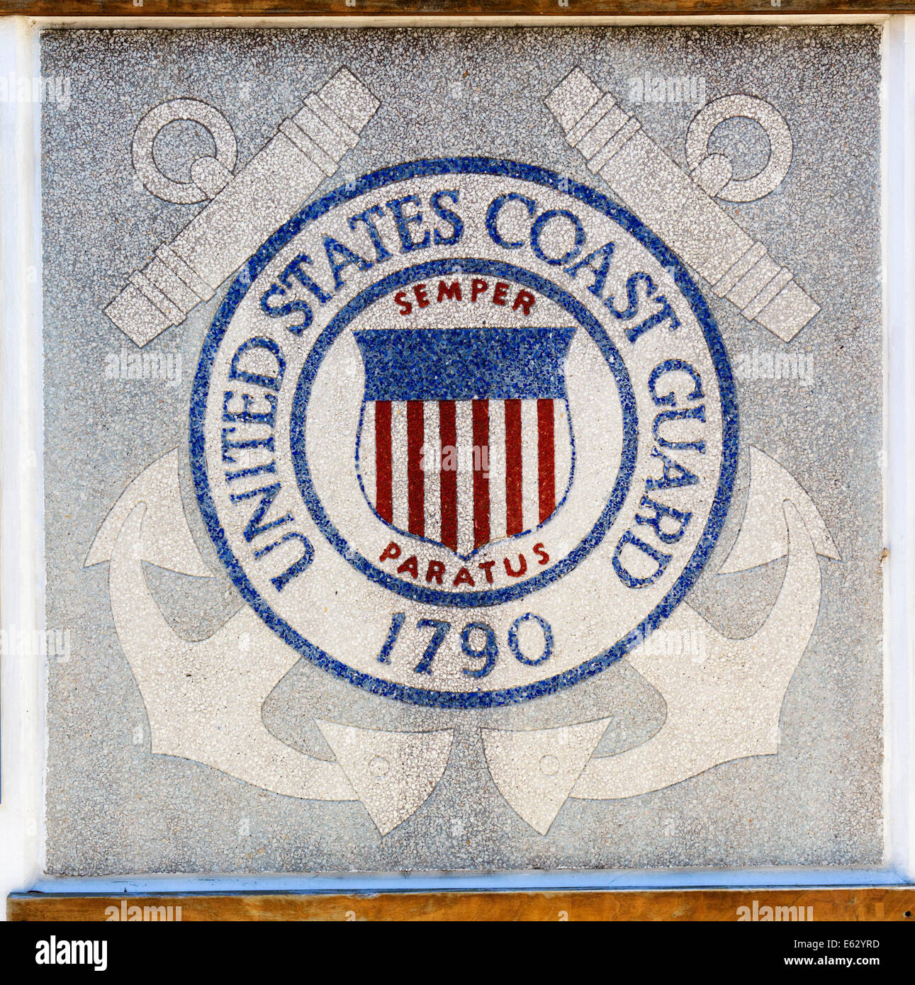 United States Coast Guard station crest in the form of a mosaic, North Water Street, Wilmington, North Carolina, USA Stock Photo