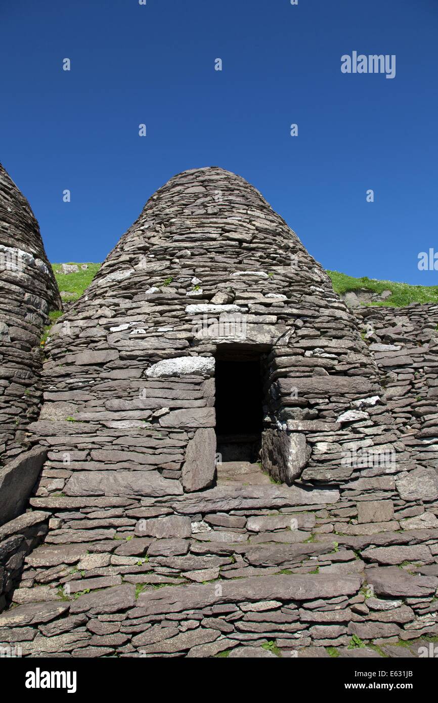 Skellig Islands Rep. Ireland. Remains of the 6th century monastery on Skellig Michael (Great Skellig) Dwelling cells. Stock Photo