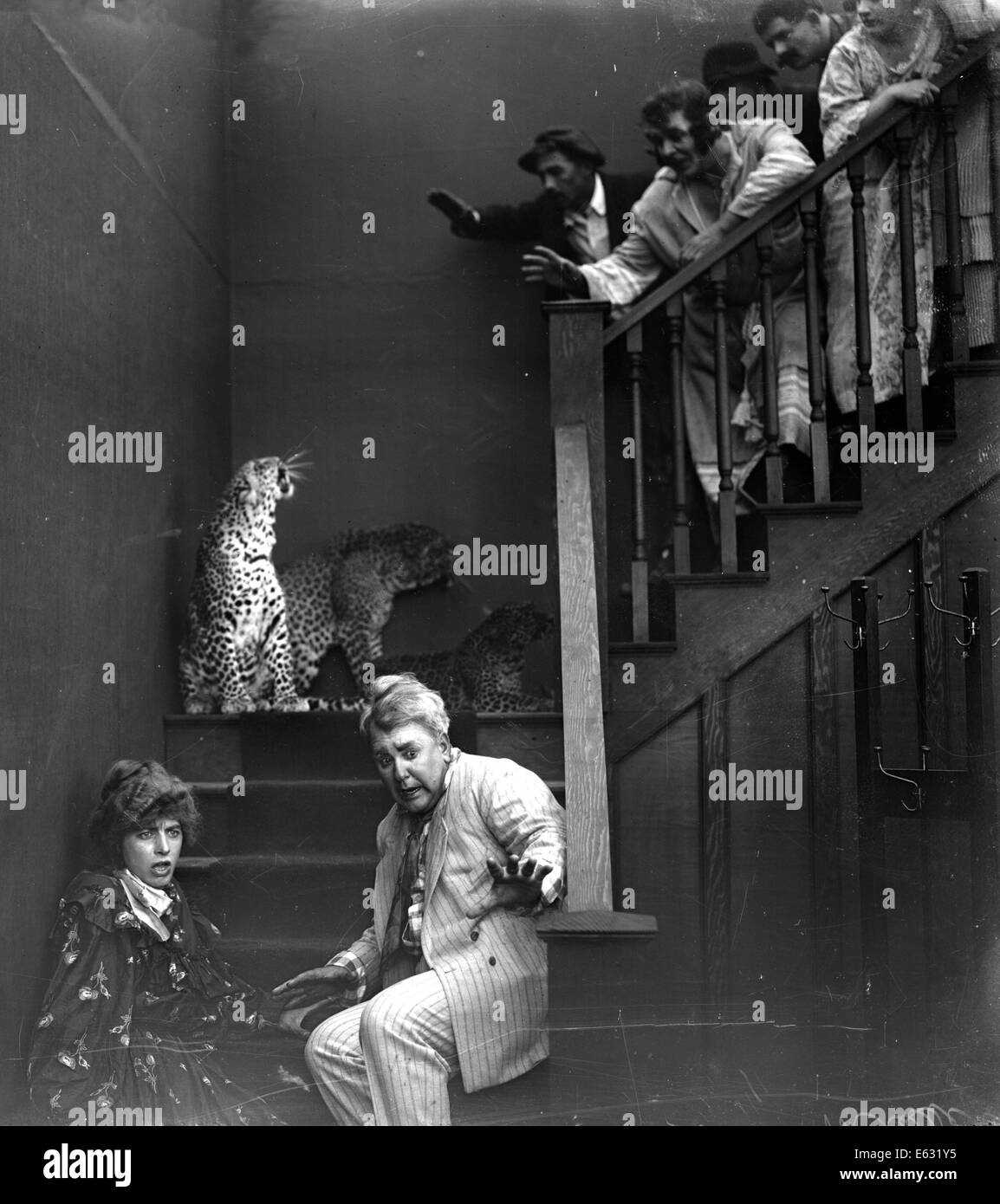 1900s 1910s GROUP OF PEOPLE ON STAIRS FRIGHTENED BY TWO SNARLING LEOPARDS SILENT MOVIE STILL Stock Photo
