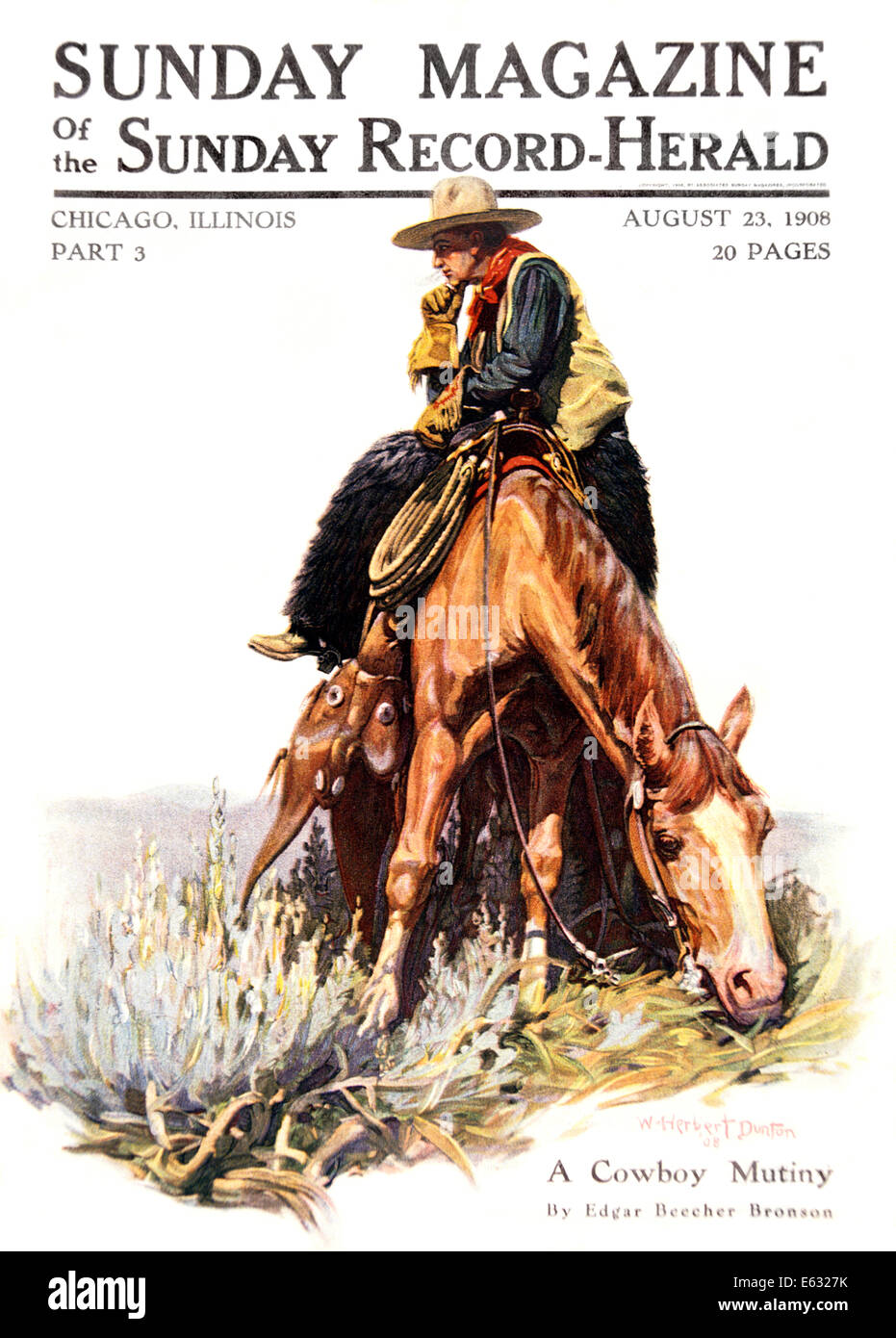 1900s SUNDAY MAGAZINE COVER LONE COWBOY SITTING RESTING ON HORSE WEARING WOOLY CHAPS Stock Photo