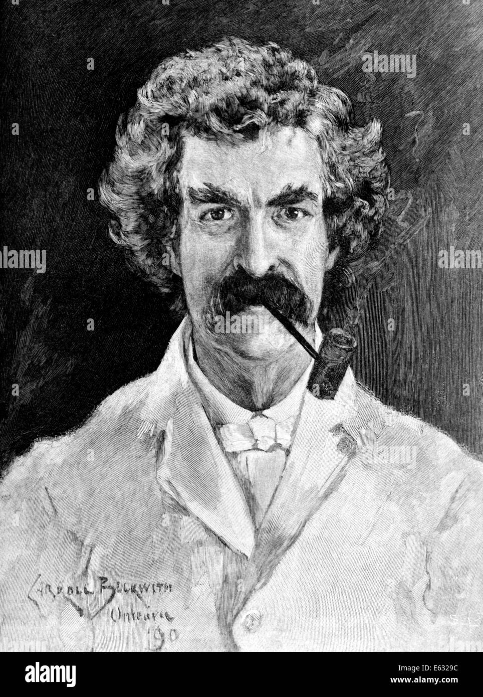 PORTRAIT OF SAMUEL LANGHORNE CLEMENS PEN NAME MARK TWAIN SMOKING A PIPE