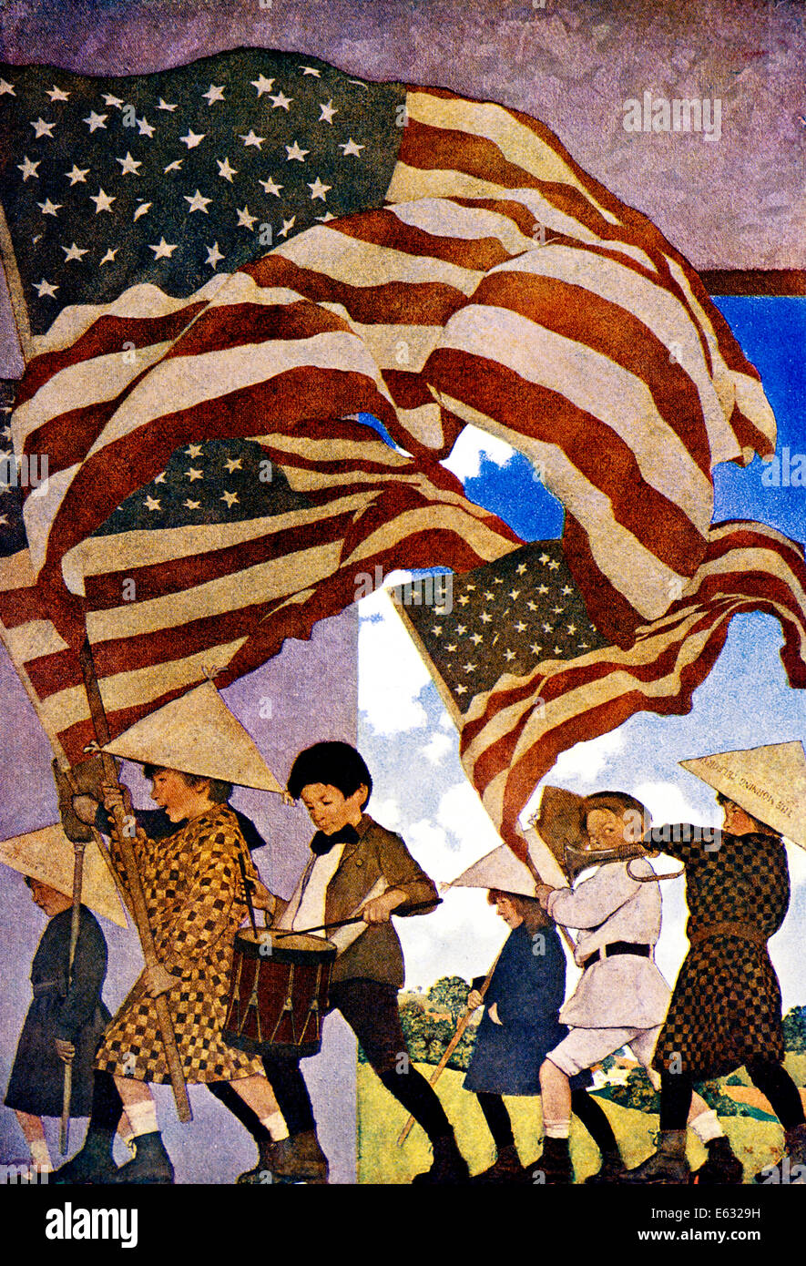 1900s 1904 DRAWING BY MAXFIELD PARRISH SIX CHILDREN MARCHING WITH AMERICAN FLAGS WITH TRUMPET AND DRUM PATRIOTIC JULY 4TH Stock Photo