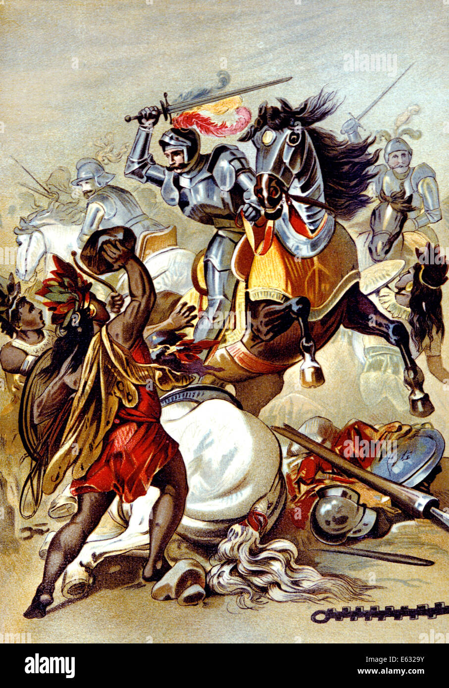 1500s SPANISH CONQUISTADORS ON HORSEBACK BATTLING NEW WORLD NATIVE AMERICANS Stock Photo