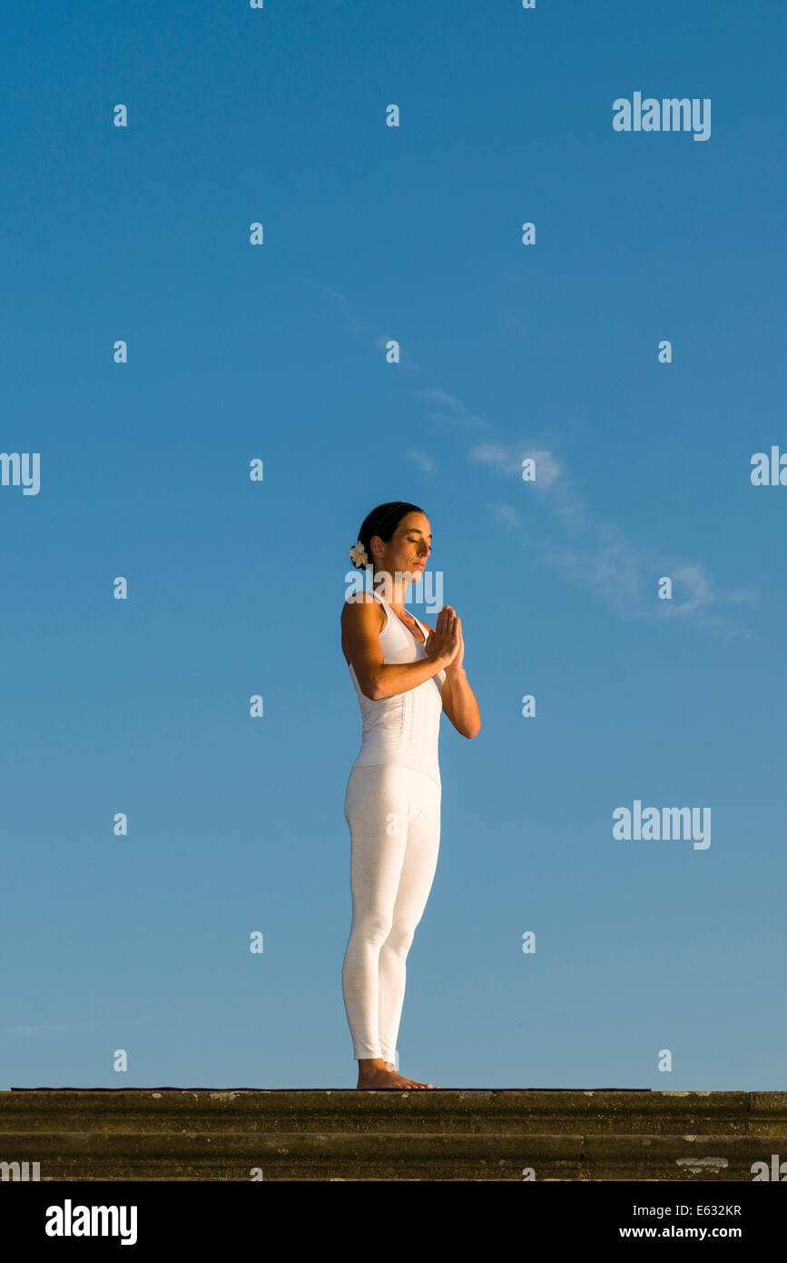 Young woman practising Hatha yoga, outdoors, showing the pose Tadasana, Pranamasana, Prayer pose Stock Photo