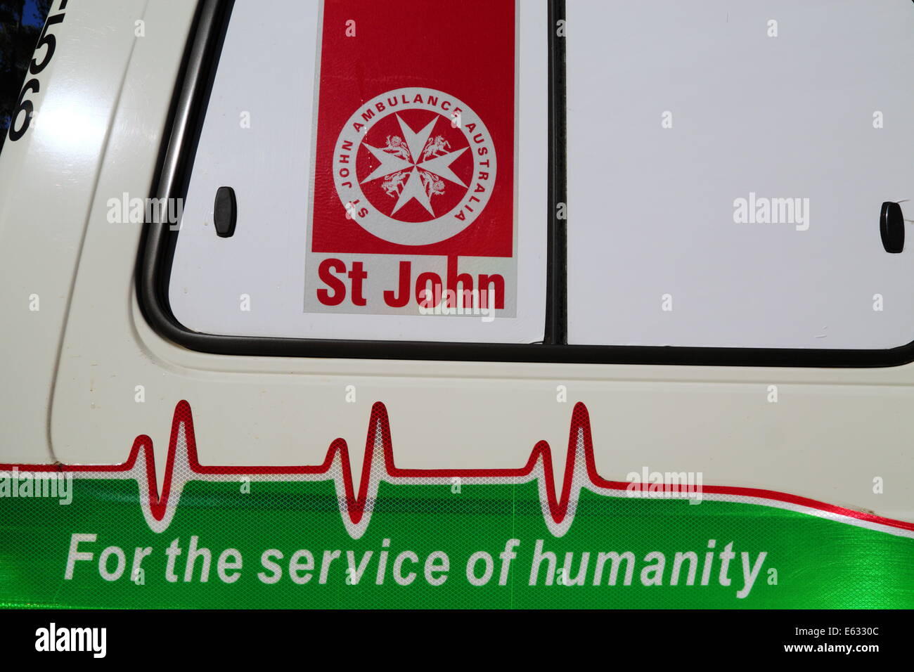 St John Ambulance decal on emergency vehicle at a river race in Western Australia. Stock Photo