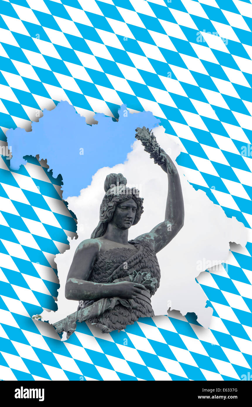 Shape of Bavaria with the pattern of the Bavarian flag and a statue of Bavaria Stock Photo