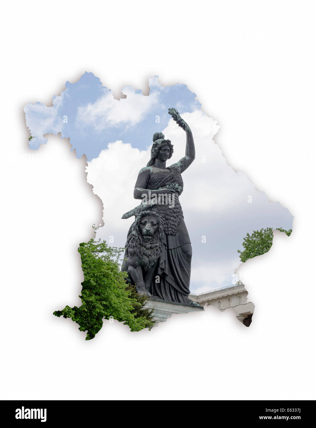 Shape of Bavaria with a statue of Bavaria Stock Photo