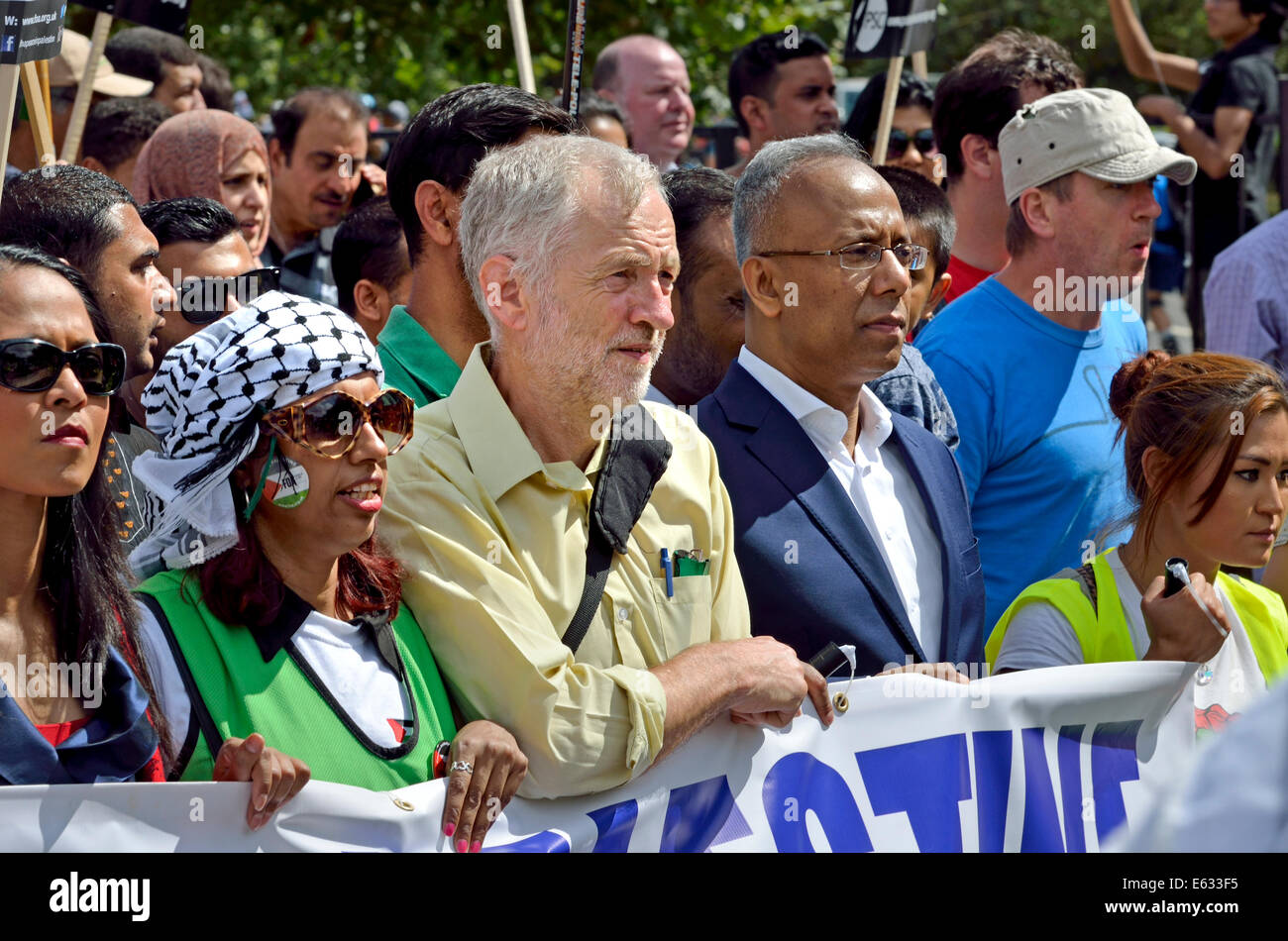 Jeremy Corbyn MP and Lutfur Rahman (mayor of Tower Hamlets) on the March for Gaza, London, August 9th 2014 Stock Photo
