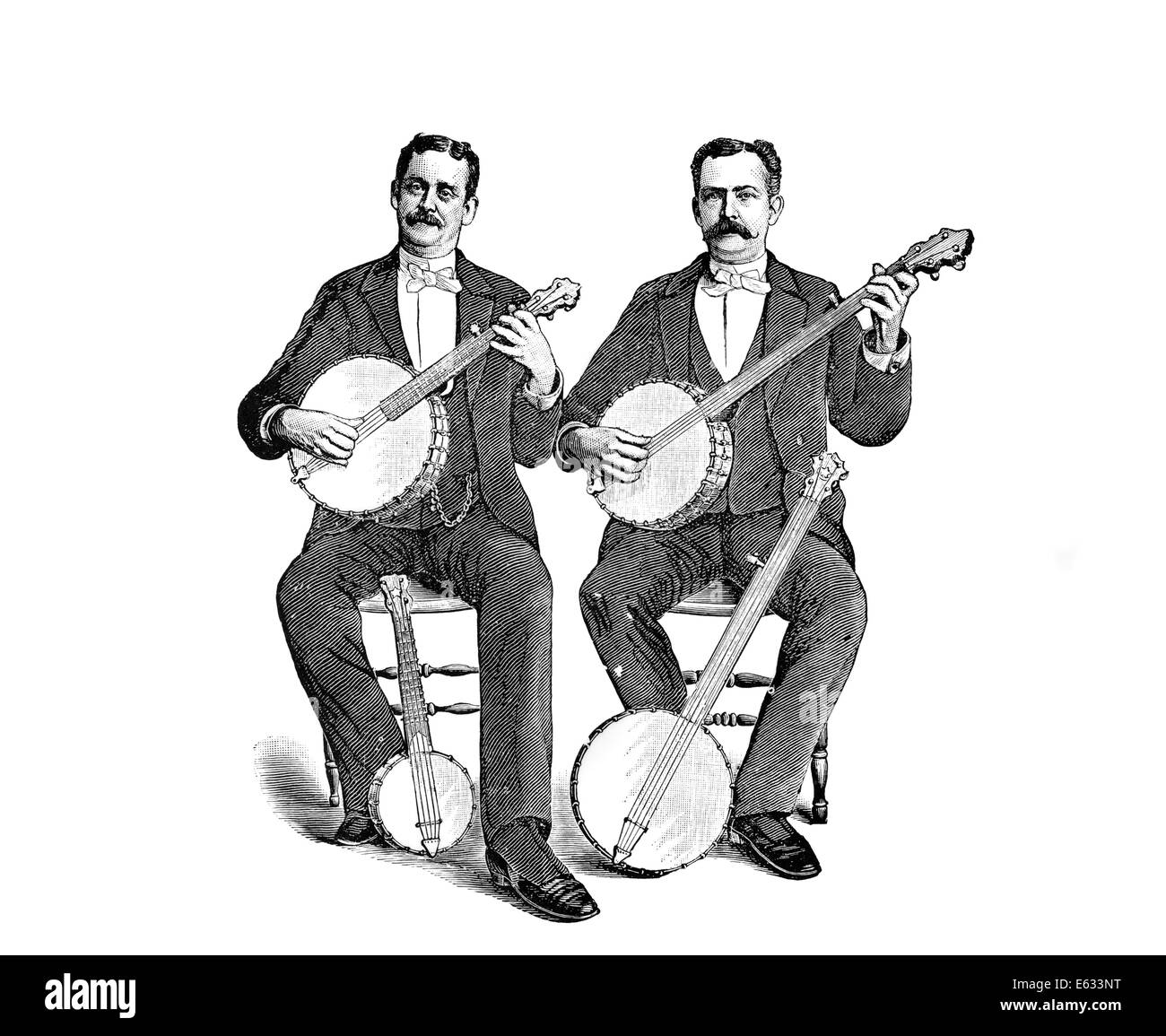 1880s 1890s TWO MEN PLAYING CLASSICAL STYLE FIVE STRING BANJOS SITTING SIDE BY SIDE LOOKING AT CAMERA Stock Photo