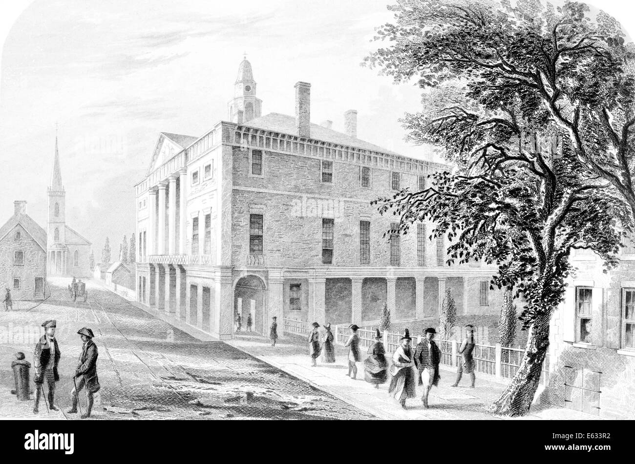 1700s 1790s WALL STREET NEW YORK CITY TRINITY CHURCH AT END OF STREET FEDERAL HALL & TREE UNDER WHICH STOCK EXCHANGE MET Stock Photo