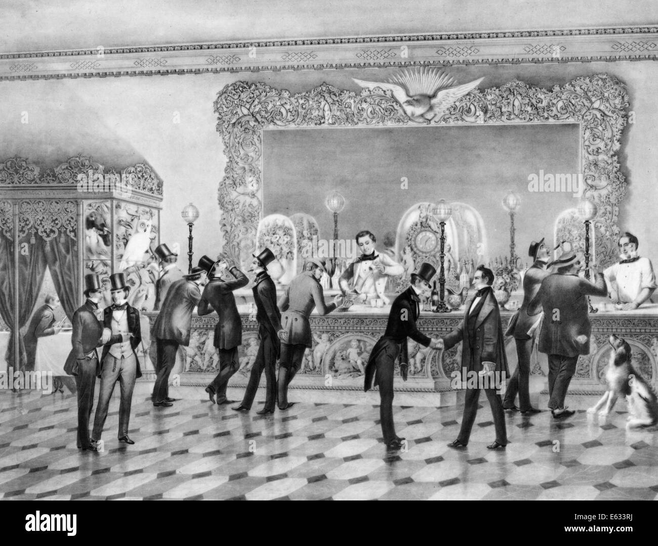 1800s 1850s LITHOGRAPH OF BAR ROOM SALOON SCENE IN NEW YORK CITY TITLED