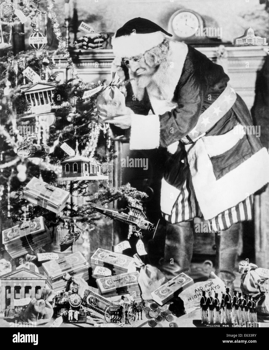 1930s UNCLE SAM DRESSED AS SANTA CLAUS DECORATING CHRISTMAS TREE WITH ICONS OF GOOD & SERVICES NEEDED DURING ECONOMIC DEPRESSION Stock Photo