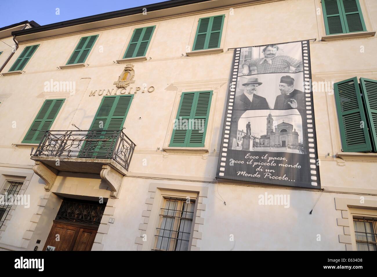 Brescello (Reggio Emilia), the town hall with the poster of Don Camillo and Peppone movies Stock Photo