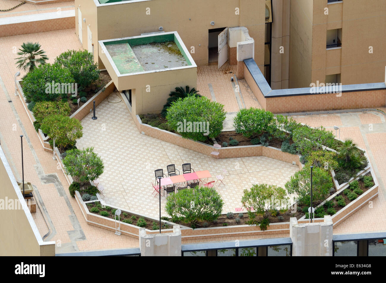 Roof Top Garden on Roof Terrace of Luxury Apartment Block Monaco Stock Photo