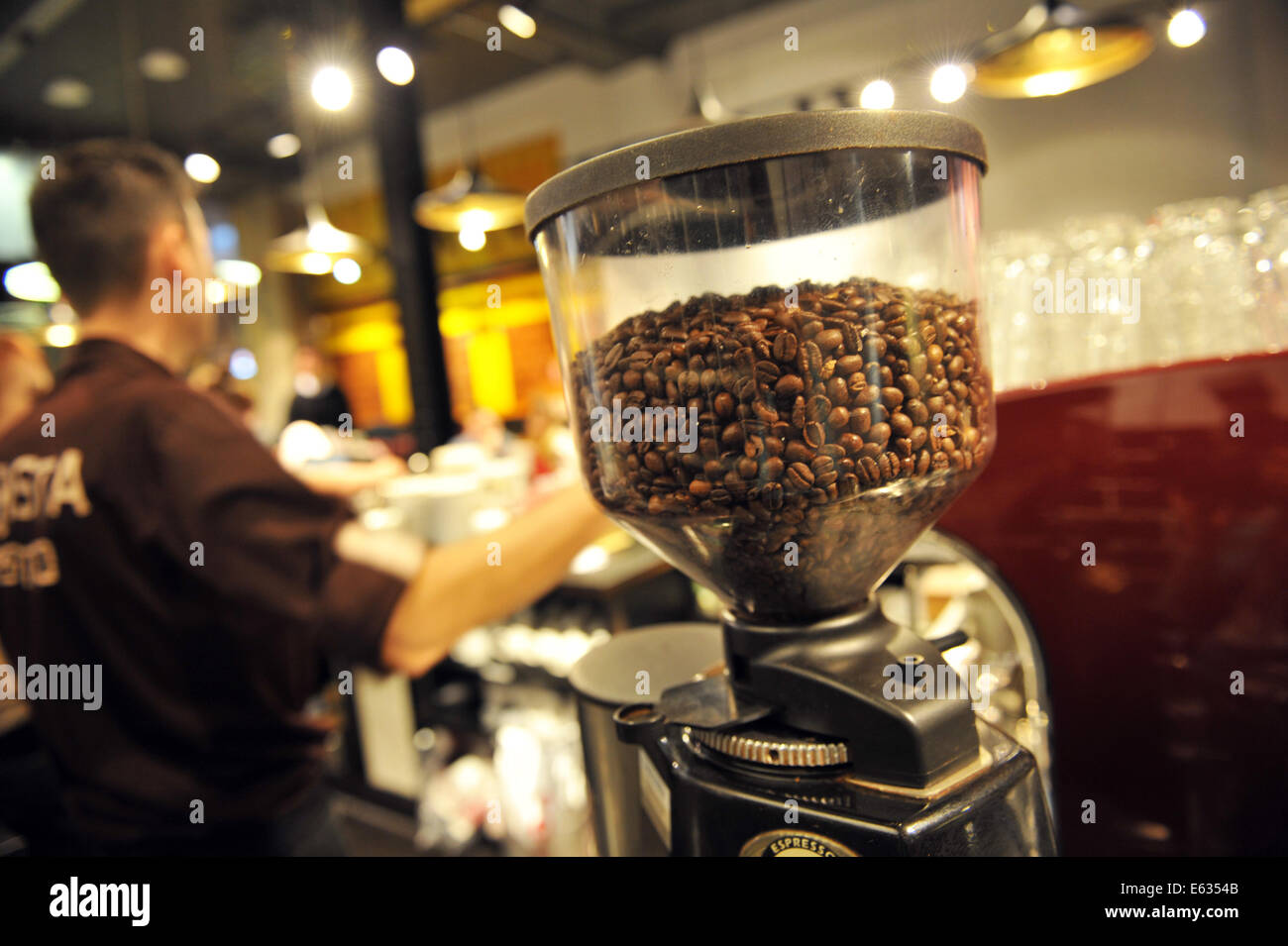 Fresh coffee beans on the counter of a Costa Coffee shop. Stock Photo