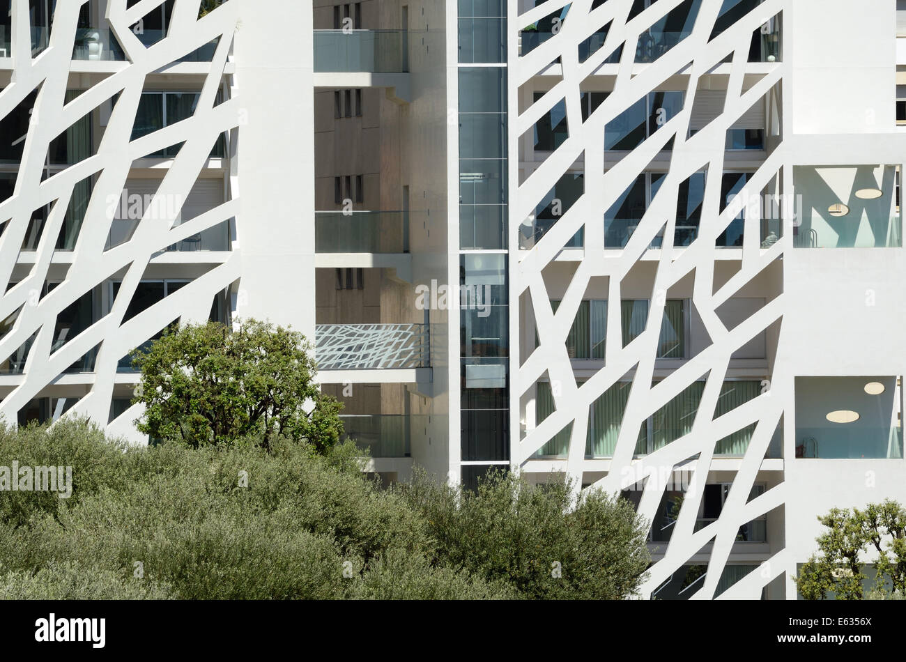 Concrete Facade with Latticework Screen & Balconies of the Simona Tower Block by Jean-Pierre Lott Monaco Stock Photo