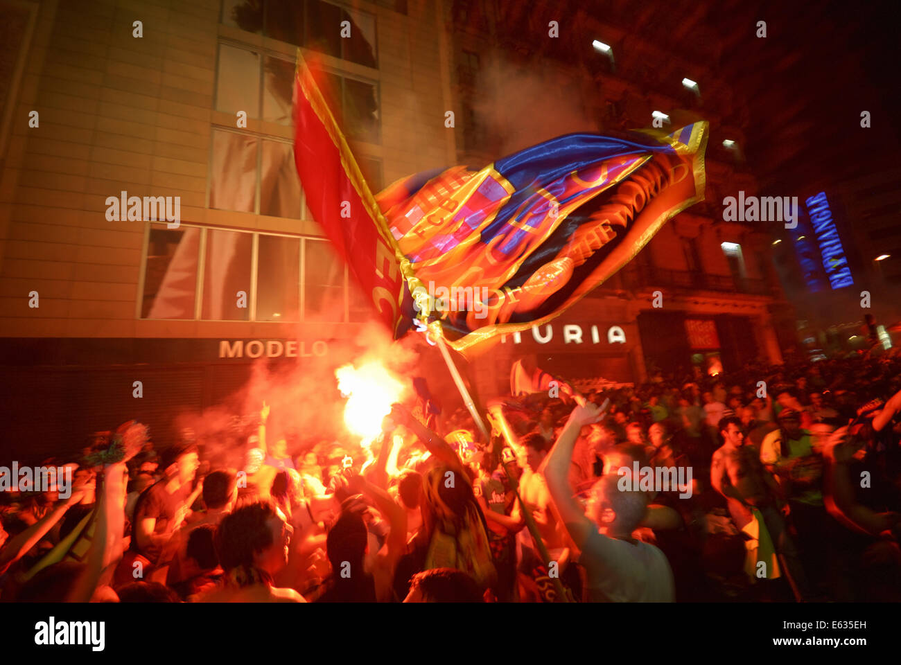 FC Barcelona (FCB) supporters celebrating victory of their soccer team in 2011 at La Rambla, Barcelona, Spain Stock Photo