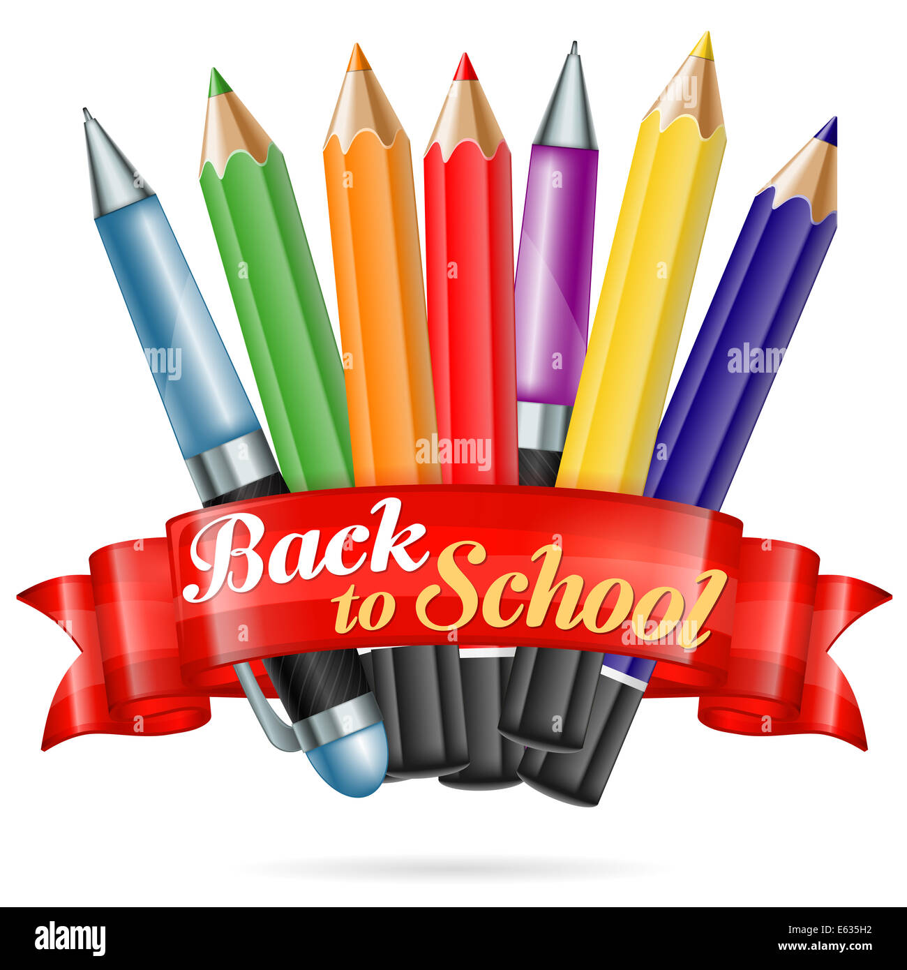 Colored Pencils and Pens with Ribbon and text Back to School, isolated ...