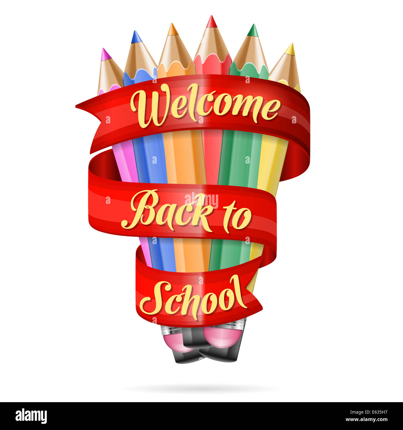 Colored Pencils with Ribbon and text Back to School, isolated on white ...
