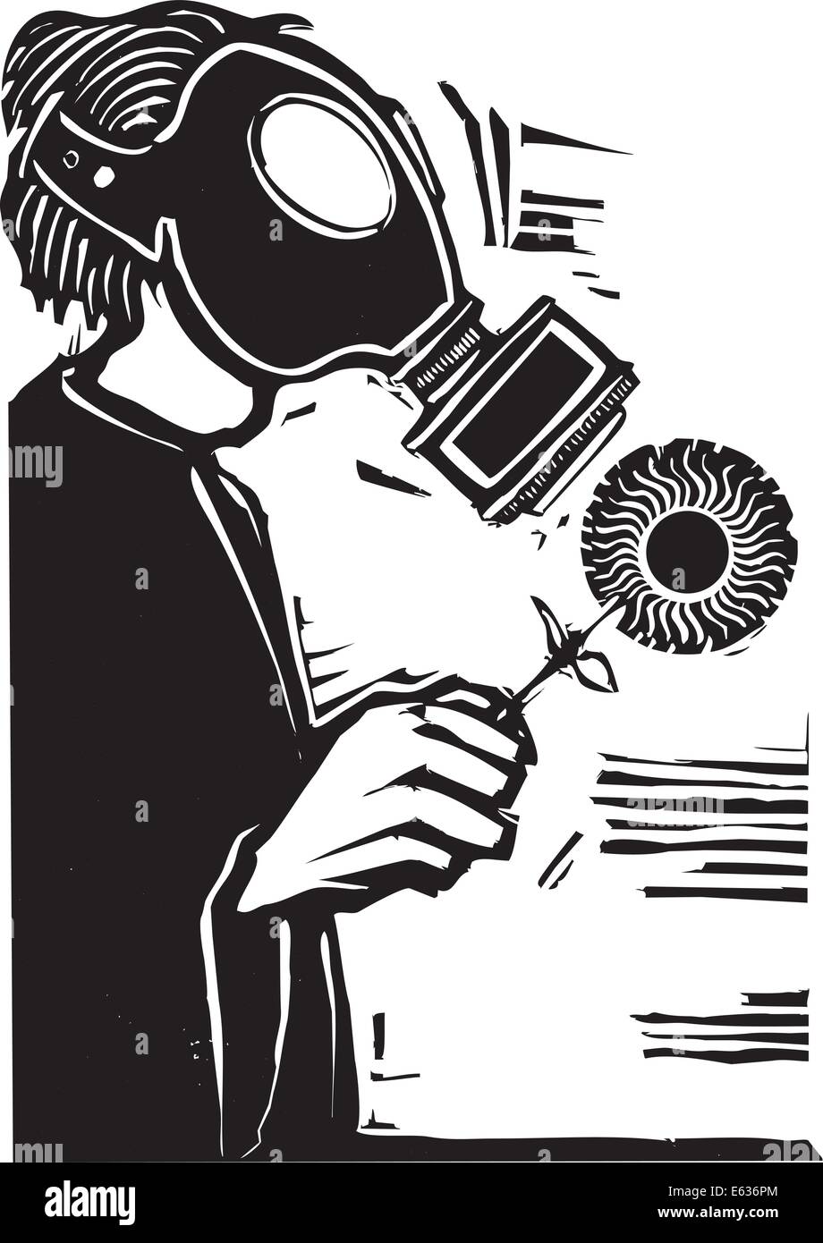 Man in Gas mask holding a sun like flower Stock Vector