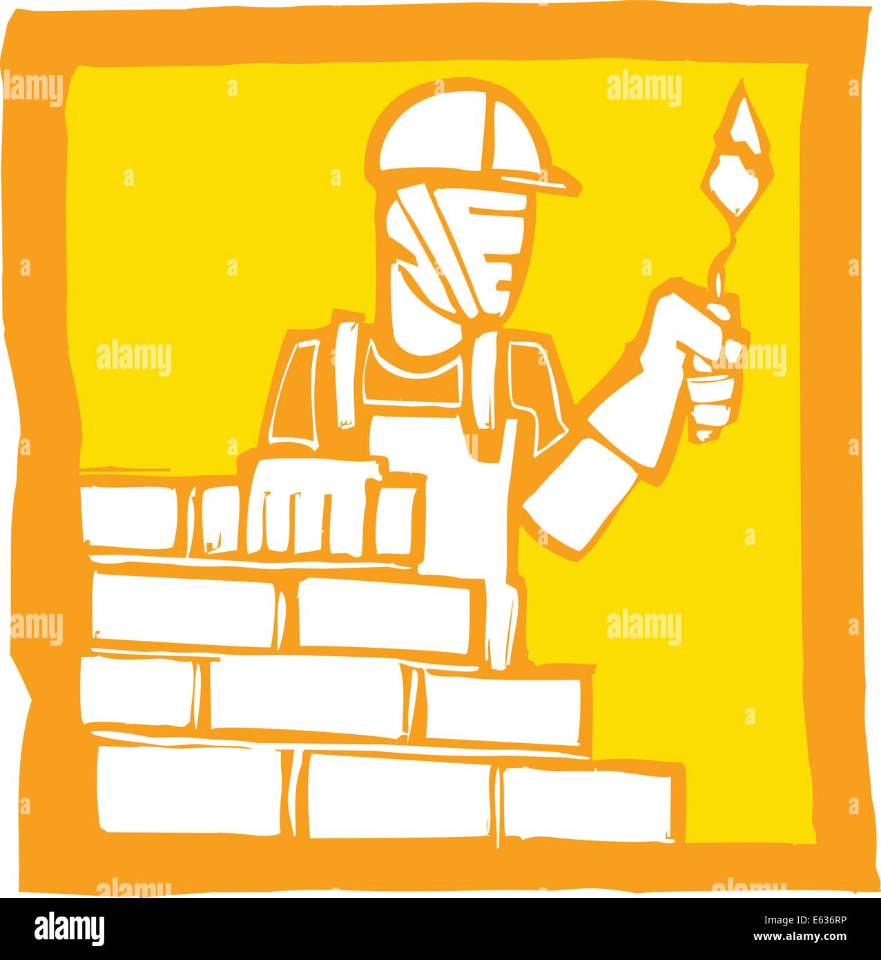 Icon in a woodcut style of a mason laying bricks Stock Vector