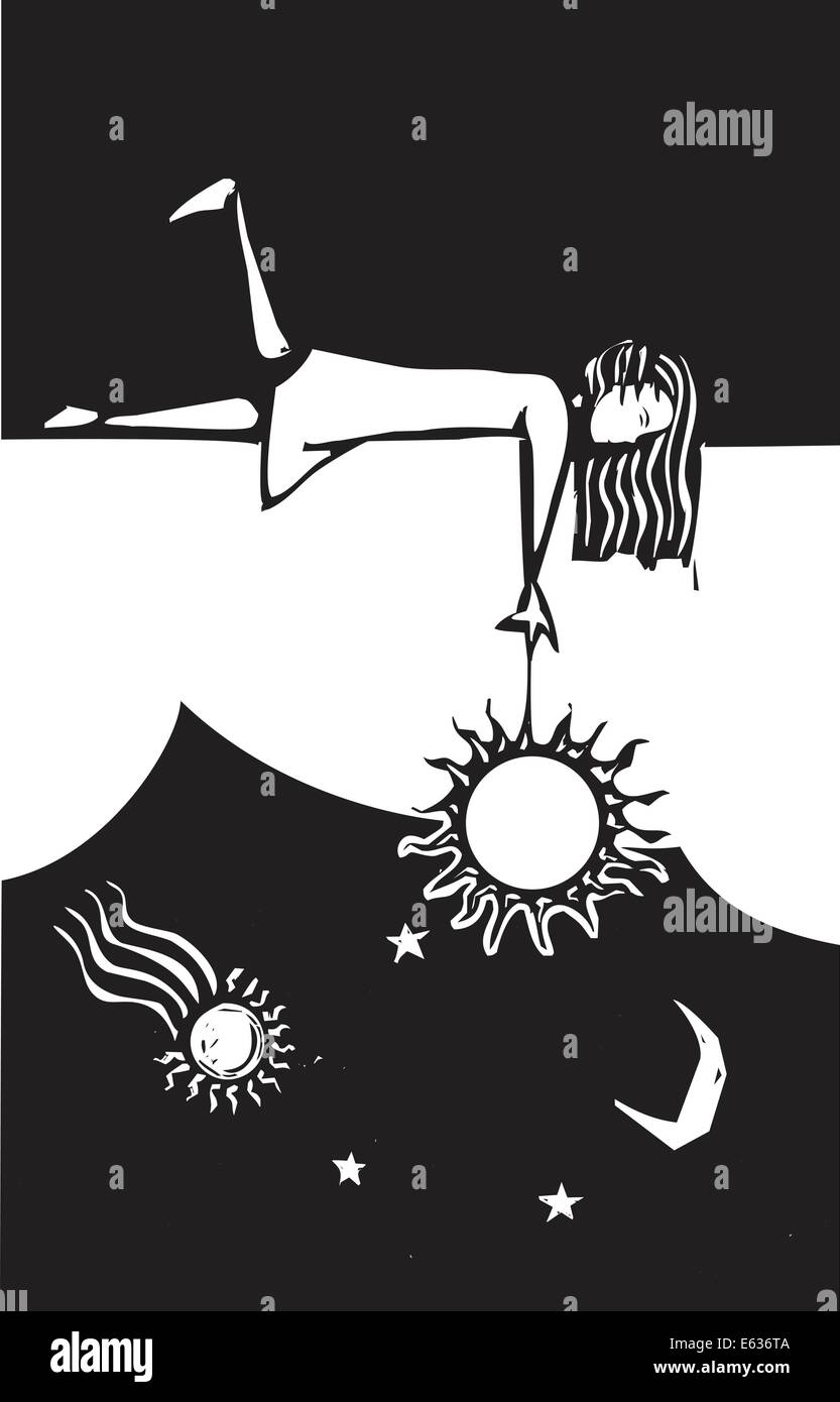 Girl hanging the sun in the night sky Stock Vector