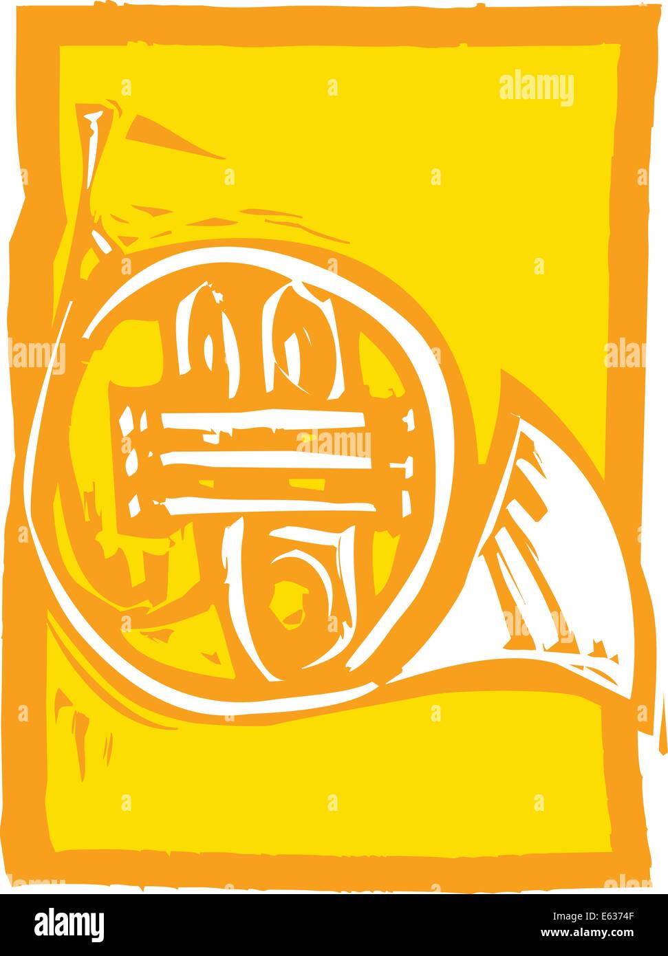 Woodcut image of a french horn on an orange background. Stock Vector