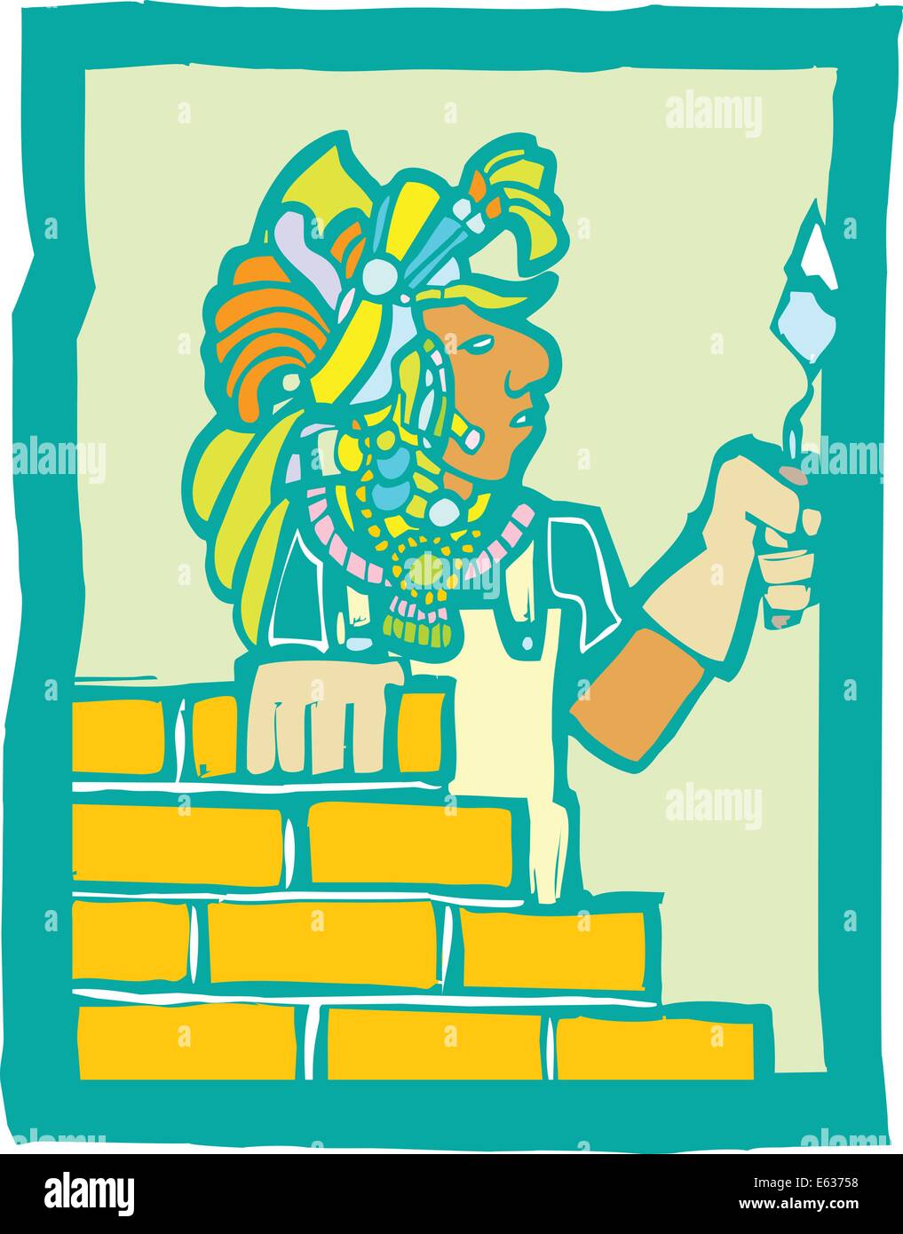 Mayan Temple style image of a mason laying bricks Stock Vector